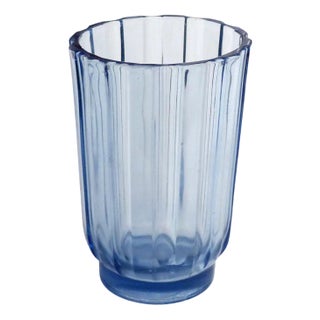 Art Deco Vase with Fluted Body in Blue Molded Pressed Glass, 1930s For Sale