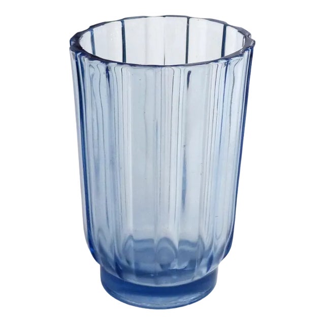 Art Deco Vase with Fluted Body in Blue Molded Pressed Glass, 1930s For Sale