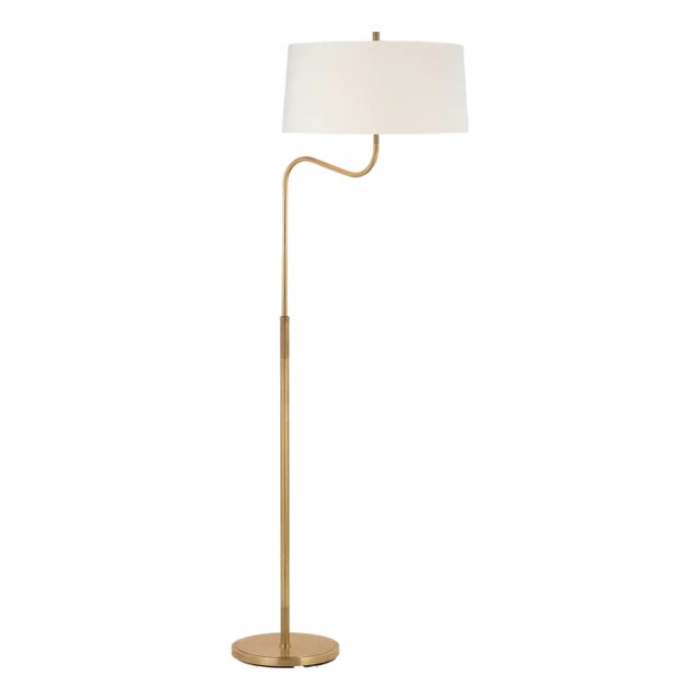 Thomas O'Brien by Visual Comfort Signature Canto Large Adjustable Floor Lamp in Hand-Rubbed Antique Brass with Linen Shade For Sale