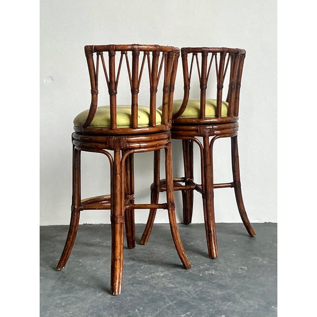 Vintage Boho Bent Rattan Bar Stools - A Pair For Sale - Image 4 of 8