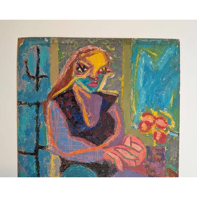 Original painting, oil on heavy board, depicting a seated woman with golden hair and an angular, mask-like face rendered...