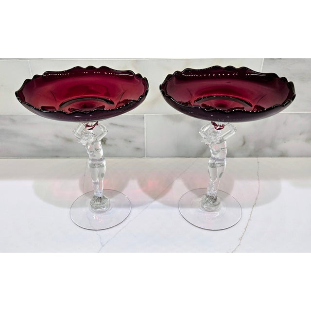 Cambridge Glass Company 1930s Cambridge Glass Carmen Red Nude Figural Stem Compotes, Pair For Sale - Image 4 of 11