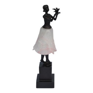 1970s Art Deco Bruno Zach Attributed Bronze Sculpture Female Dancer Table Lamp Art Glass Shade For Sale