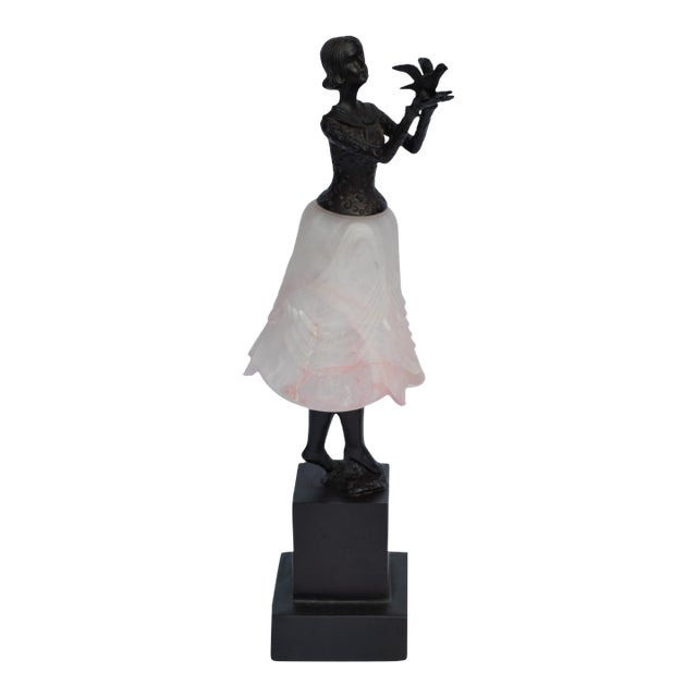 1970s Art Deco Bruno Zach Attributed Bronze Sculpture Female Dancer Table Lamp Art Glass Shade For Sale