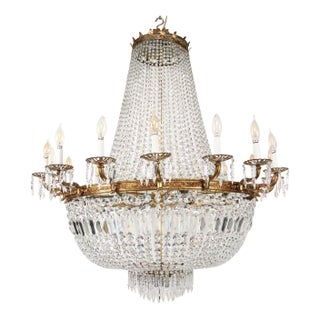 Mid 20th Century Large Scale Empire Crystal & Brass Basket Chandelier For Sale