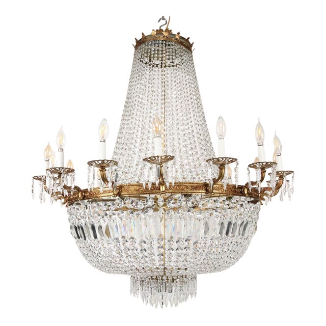 Mid 20th Century Large Scale Empire Crystal & Brass Basket Chandelier For Sale