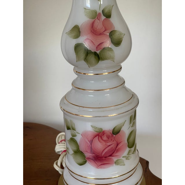 Rose Pair of 1910s Victorian Milk Glass Lamps With Roses For Sale - Image 8 of 9