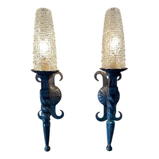 French Brutalist Wrought Iron Wall Sconces, 1950, Set of 2 For Sale
