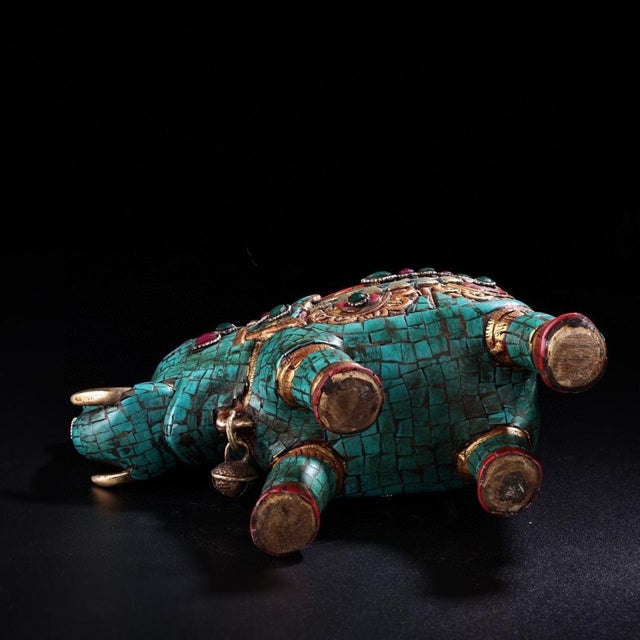 Art Deco Vintage Himalayan Bronze Elephant Statue With Turquoise & Gemstone Inlay For Sale - Image 3 of 9