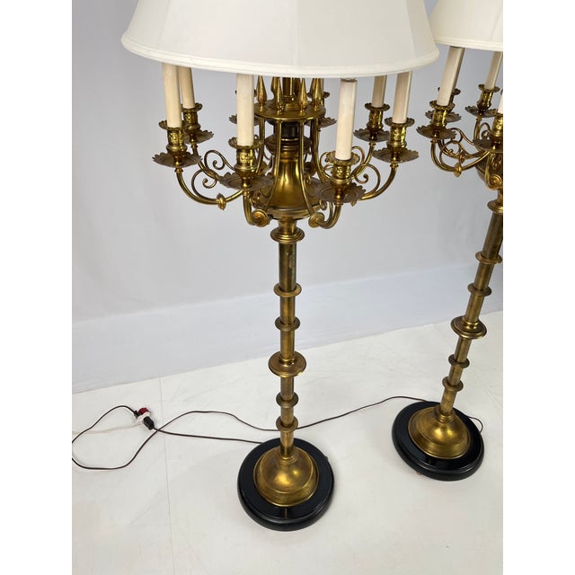 Mid 20th Century Neoclassical 10-Light Brass Candelabra Floor Lamps With Shades - a Pair For Sale - Image 16 of 17