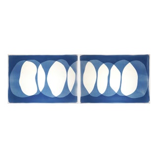 2026, Nine Lives, Minimalist Horizontal Diptych in Blue Tones, Circles Sequence, Monotype Cyanotype on Paper by Kind of Cyan For Sale