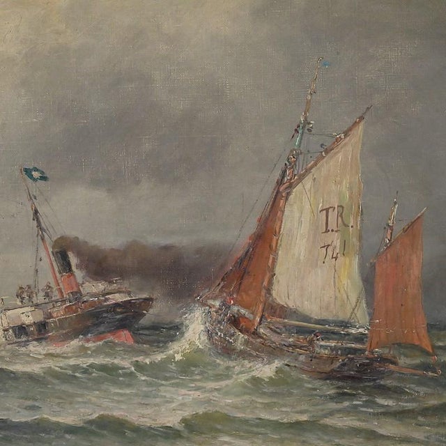 A superb, lively seascape depicting boats braving a rough sea beneath a heavy, turbulent sky. In the foreground, a...