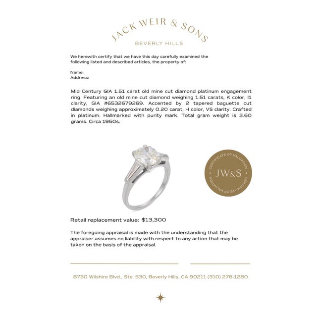 Platinum Mid Century Gia 1.51 Carat Old Mine Cut Diamond Platinum Engagement Ring, Size 4.25 For Sale - Image 8 of 8