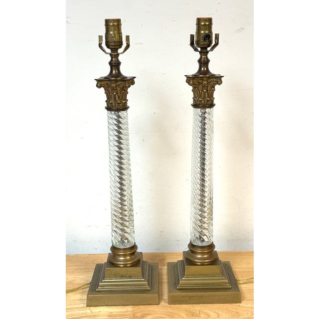 Early 20th Century Baccarat Attributed Gilt Bronze and Spiral Crystal Corinthian Column Lamps - a Pair For Sale - Image 10 of 13