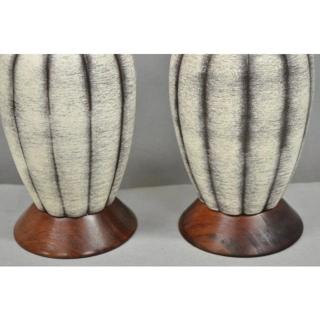 Brown Vintage Mid Century Modern Walnut & Ceramic Small Sculptural Table Lamps - Pair For Sale - Image 8 of 12