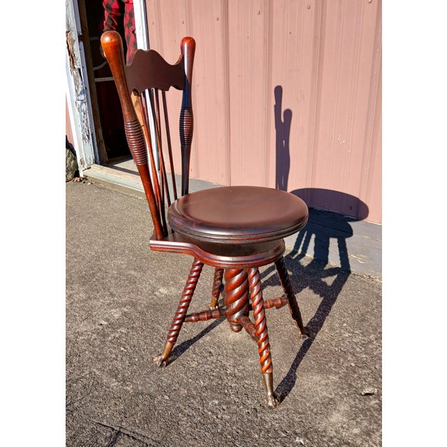 1890s Antique Quarter Sawn Oak High Back Organ Stool With Claw Feet Chase Parker Meriden For Sale - Image 4 of 18