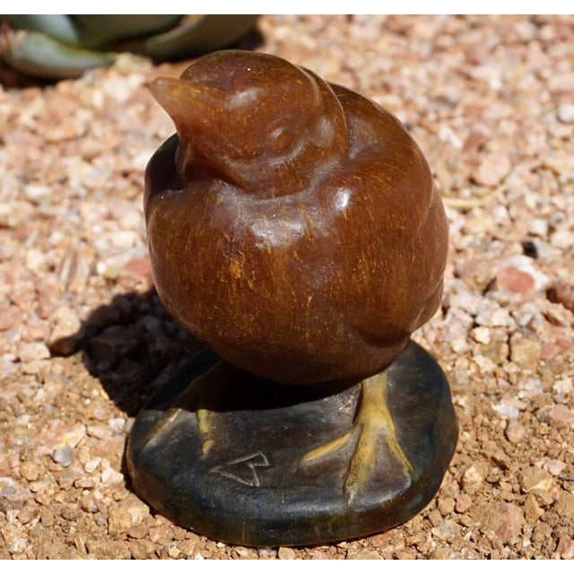 Almeric or Amelric Walter Henri Berge Pâte de Verre paperweight depicting a young brown bird with yellow striations. Art...