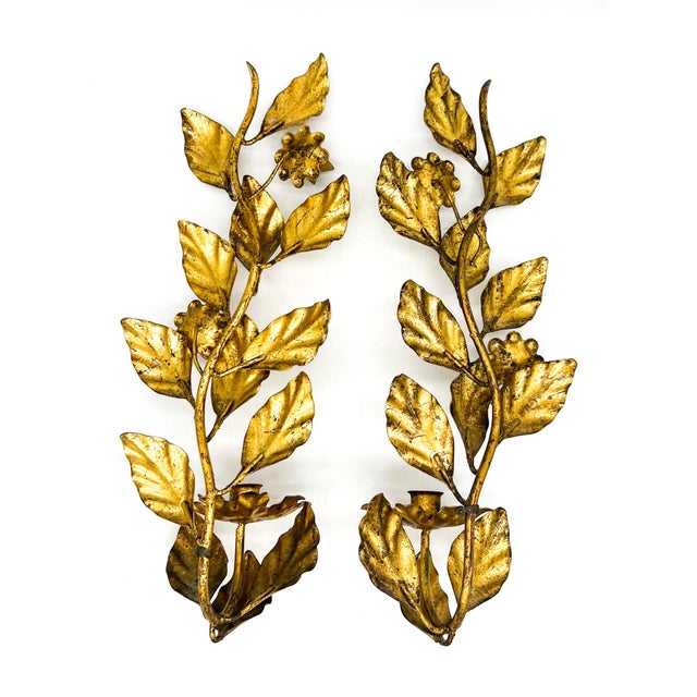 Metal Mid-Century Italian Gilt Metal Floral Wall Sconces, Pair – Hollywood Regency / Italian Florentine For Sale - Image 7 of 11