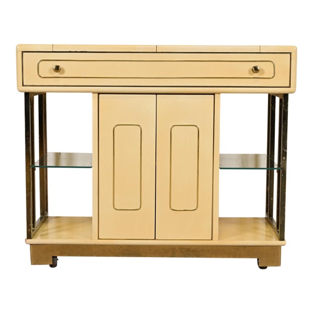 Romweber Mid-Century Modern Hollywood Regency Cream Lacquered and Brass Flip Top Buffet Server or Bar Cart, Circa 1960s For Sale