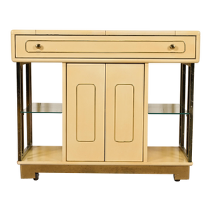 Romweber Mid-Century Modern Hollywood Regency Cream Lacquered and Brass Flip Top Buffet Server or Bar Cart, Circa 1960s