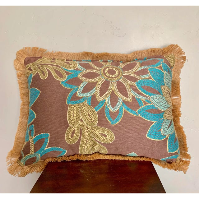 Large Rectangular Brown and Turquoise Floral Pillow With Jute Raffia Fringe For Sale In San Diego - Image 6 of 6