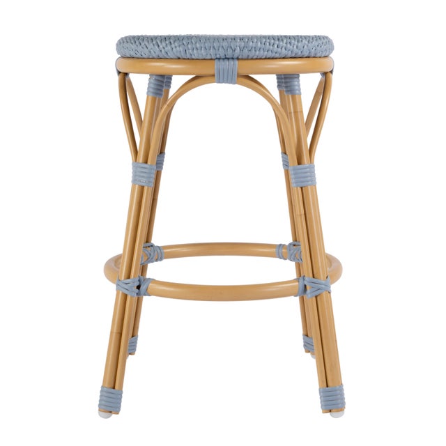 2020s Tobias 24.5 in. Seat Height Outdoor Rattan and Metal Backless Counter Stool, Baby Blue/ Natural Rattan Frame For Sale - Image 5 of 8