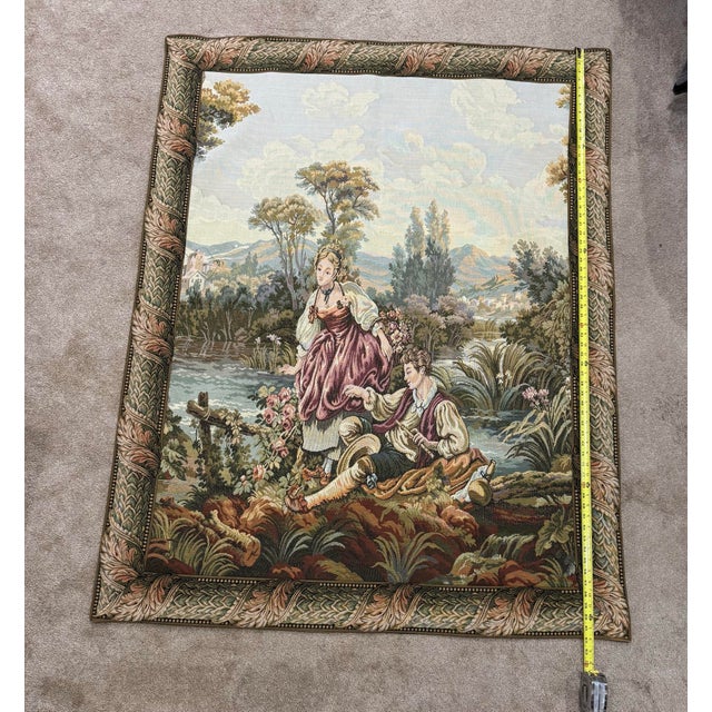 French Provincial Vintage Mid-Century French Aubusson-Style Pastoral Jacquard Tapestry, 62" X 48" For Sale - Image 3 of 8