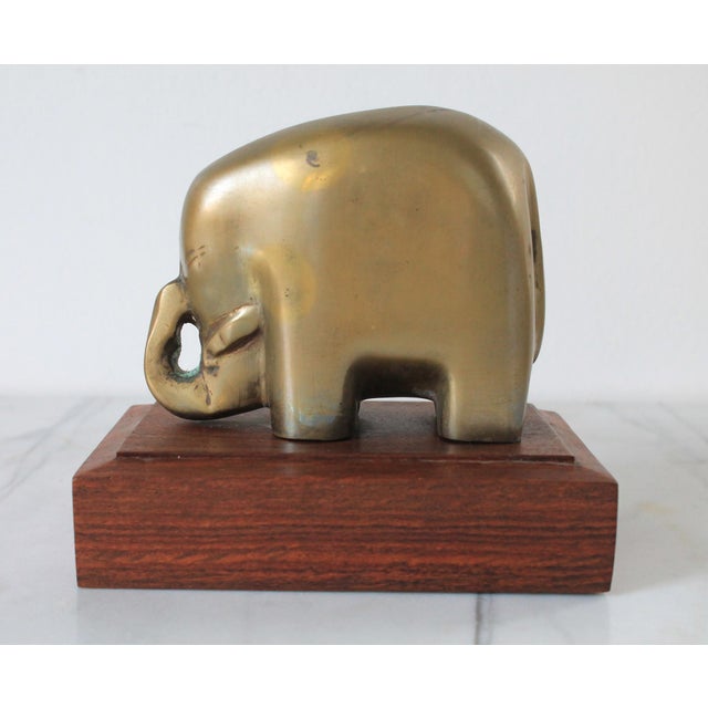 Figurative Vintage Brass Elephant on Wood Stand For Sale - Image 3 of 9