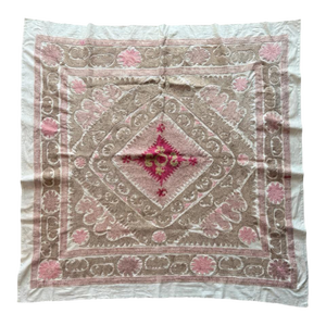 Suzani Wall Tapestry — Neutral Tan Uzbek Tablecloth
