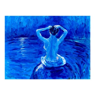 Midnight Bath – Contemporary Blue Impressionist Nude Oil Painting by Haas For Sale