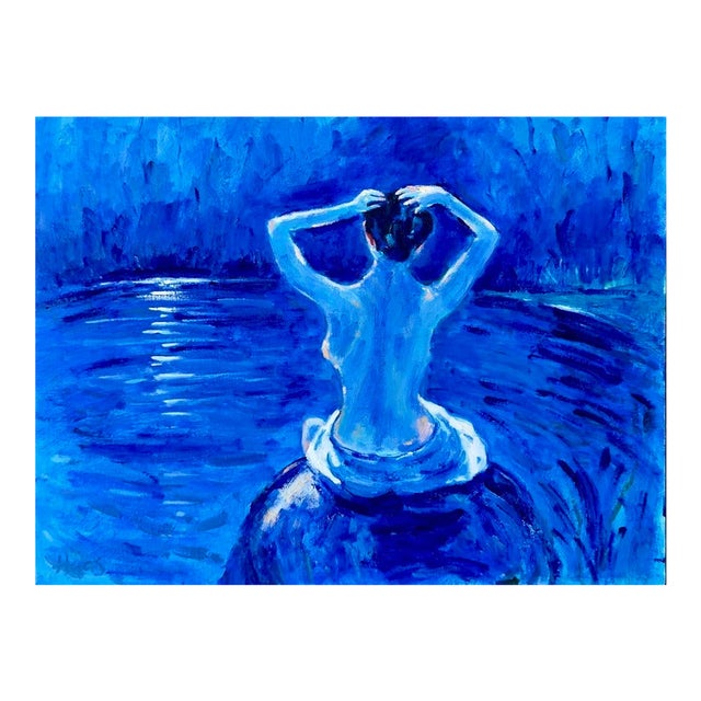 Midnight Bath – Contemporary Blue Impressionist Nude Oil Painting by Haas For Sale