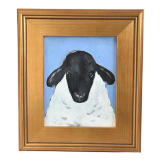 Folk Art Farmhouse Woolly Sheep Lamb Oil Painting Including the Antiqued Gold Wood Frame For Sale