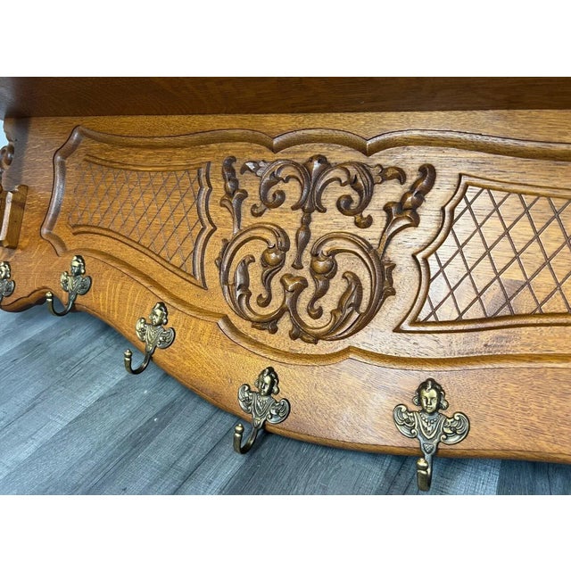 Antique French Oak Coat Rack Hanger Shelf For Sale - Image 6 of 12