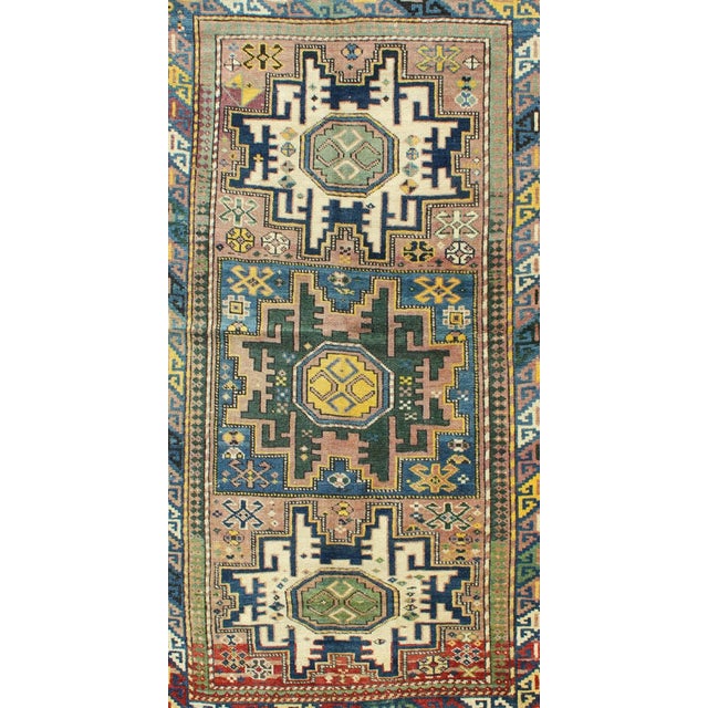 Late 19th Century Antique Colorful Kuba Caucasian Rug With Star Medallions in Green Blue Yellow For Sale - Image 4 of 6
