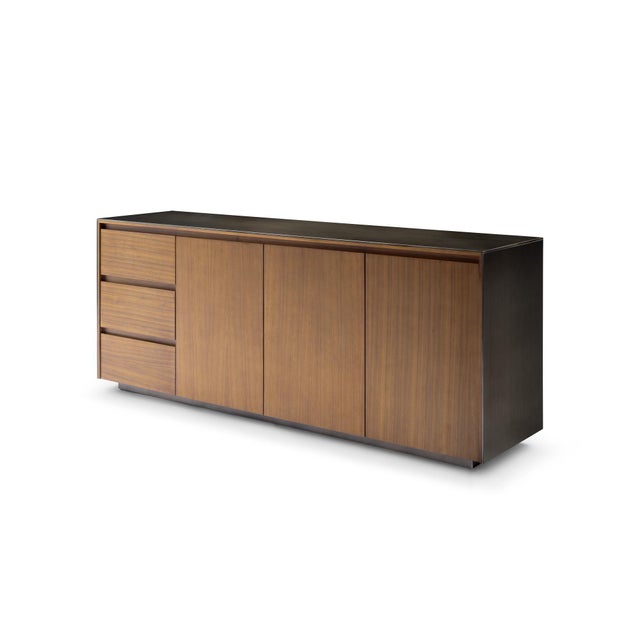 Modern Walnut and Bronze buffet designed by Greg Sheres; "Barcelona". The Barcelona buffet is a very special modern design...