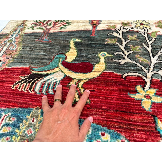 Red Multicolor Afghan Pictorial Bird & Tree Hand-Knotted Wool Rug - 9'7" X 6'9" For Sale - Image 8 of 15