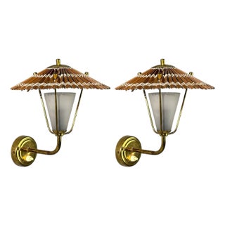 Valinte Oy, Wall Lights, Polished Brass, Frosted Glass, Rattan, Finland, 1950s For Sale