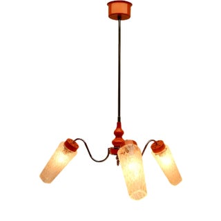 3-Arm Hanging Lamp in Tangerine, Chrome and Wood with Optical Shades, 1960s For Sale