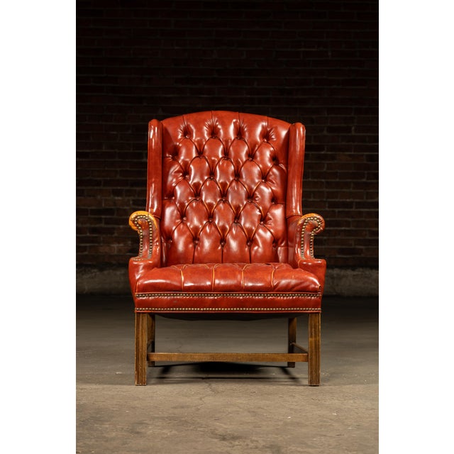 Vintage Wingback Tufted Armchair With Ottoman in Burnt Orange For Sale - Image 4 of 12