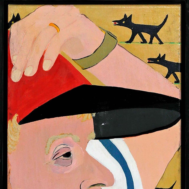 Vintage portrait painting with repeat animal. Signed 'B.A.' lower right. Written on the back upper right 'Sunday Afternoon...