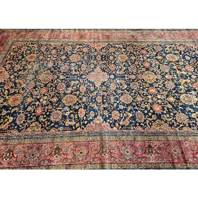 19th Century 19th Century Oversized Persian Farahan Sarouk Rug, Hand-Knotted Wool, Allover Geometric Design, Navy & Red, 11x17 For Sale - Image 5 of 16