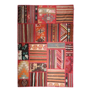 Turkish Colorful Kilim Patchwork Rug – Mid 20th Century Meets Tribal Heritage -5' 2'' X 7' 10'' For Sale