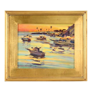 "Santa Catalina Island Harbor" Seascape at Sunset in Oil on Artist's Panel by Gary Schildt For Sale