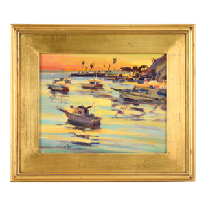 "Santa Catalina Island Harbor" Seascape at Sunset in Oil on Artist's Panel by Gary Schildt