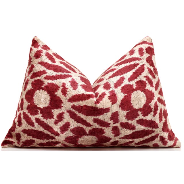 Ruby Red & Ivory Ikat Velvet Lumbar Pillow 16x24 | Classic Statement Luxury For Sale In San Francisco - Image 6 of 9