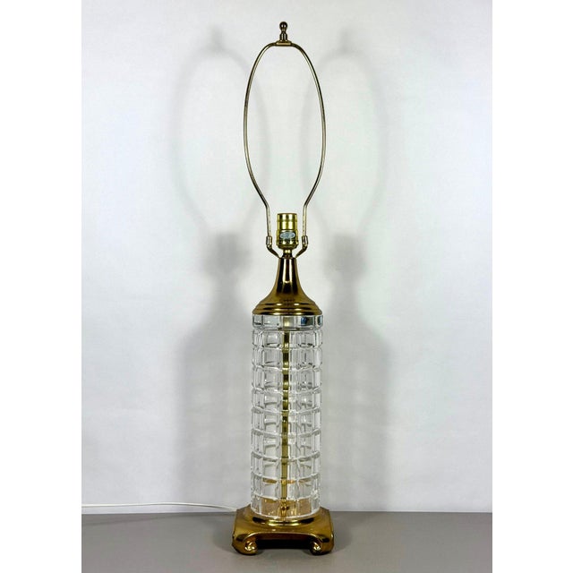 Large Signed Dresden Hand Cut Block Crystal and Brass Table Lamp 31 Inch Hollywood Regency For Sale - Image 10 of 14