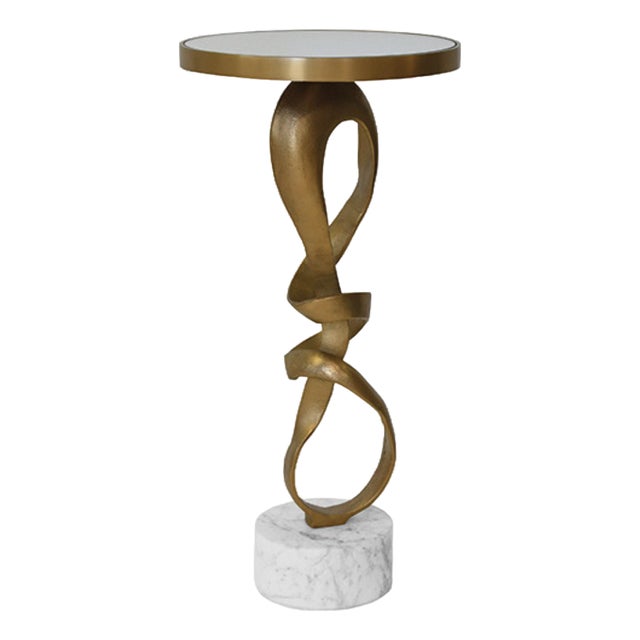 Matthew Izzo Home Olympia Antique Brass Sculptural Side Table With Inset Mirror Top and Marble Base For Sale