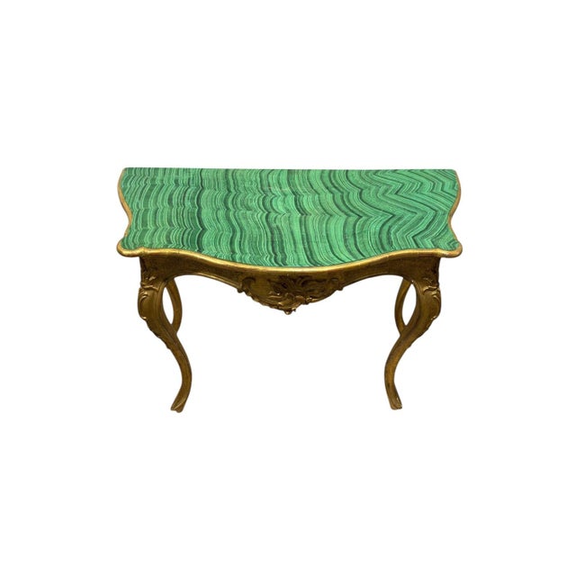 French French Louis XV Style Carved Giltwood & Faux Malachite Italian Console Table For Sale - Image 3 of 8
