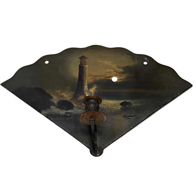Chinoiserie Pair of Antique Hand Painted Candle Sconces W Nocturnal Lighthouse Scene For Sale - Image 3 of 5