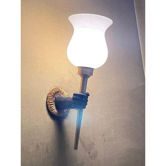 C1920's French Art Deco Gilt & Patinated Bronze "Hand Torch" Wall Sconce with Opaline Shade Style Andre Arbus For Sale - Image 9 of 10